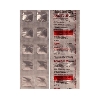 adrole 0.25mg tablet Allopathy (Ropinirole (0.25mg)) - Uses in Hindi, Side Effects, Substitutes & Price in India