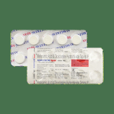 almefkem spas 10mg/250mg tablet Allopathy (Dicyclomine (10mg)) - Uses in Hindi, Side Effects, Substitutes & Price in India