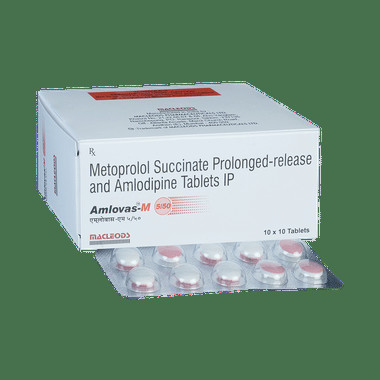amlovas-m 5/50 tablet pr allopathy (Amlodipine (5mg) + Metoprolol Succinate (50mg)) - Uses in Hindi, Side Effects, Substitutes & Price in India