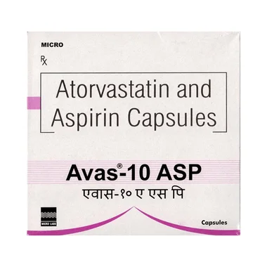 avas asp 10mg/75mg capsule Allopathy (Atorvastatin (10mg)) - Uses in Hindi, Side Effects, Substitutes & Price in India