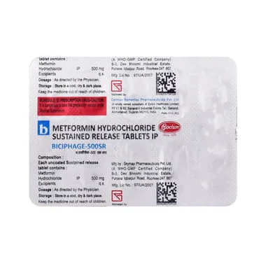 biciphage 500 sr tablet Allopathy (Metformin (500mg)) - Uses in Hindi, Side Effects, Substitutes & Price in India