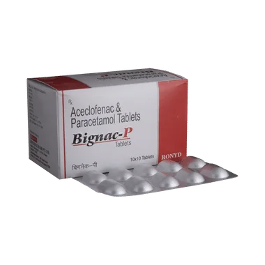 bignac p tablet Allopathy (Aceclofenac (100mg)) - Uses in Hindi, Side Effects, Substitutes & Price in India