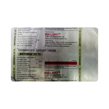 britorva cv 10mg/75mg capsule Allopathy (Atorvastatin (10mg)) - Uses in Hindi, Side Effects, Substitutes & Price in India