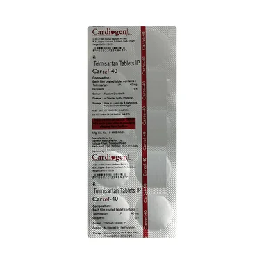 cartel 40 tablet Allopathy (Telmisartan (40mg)) - Uses in Hindi, Side Effects, Substitutes & Price in India