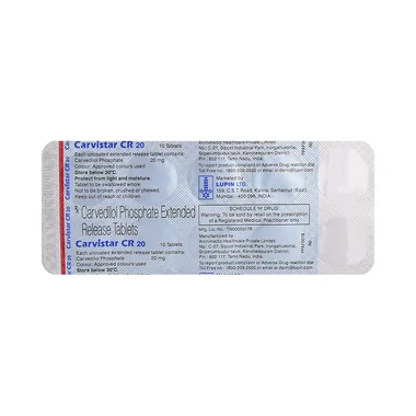 carvistar cr 20mg tablet Allopathy (Carvedilol (20mg)) - Uses in Hindi, Side Effects, Substitutes & Price in India