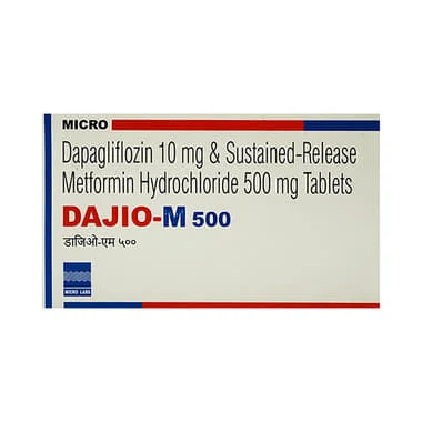 dajio m 10mg/500mg tablet Allopathy (Dapagliflozin (10mg)) - Uses in Hindi, Side Effects, Substitutes & Price in India