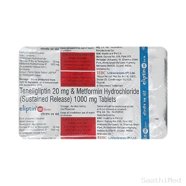 eliptin m forte 1000mg/20mg tablet sr Allopathy (Metformin (1000mg)) - Uses in Hindi, Side Effects, Substitutes & Price in India