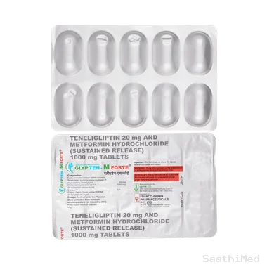 glypten-m forte 1000mg/20mg tablet Allopathy (Metformin (1000mg)) - Uses in Hindi, Side Effects, Substitutes & Price in India