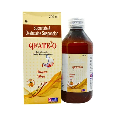 qfate-o oral suspension delicious orange sugar free Allopathy (Sucralfate (1000mg)) - Uses in Hindi, Side Effects, Substitutes & Price in India