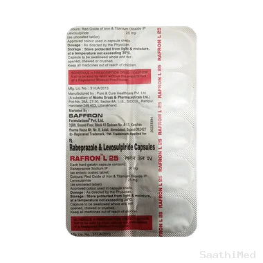 rafron l 25mg/20mg capsule Allopathy (Levosulpiride (25mg)) - Uses in Hindi, Side Effects, Substitutes & Price in India