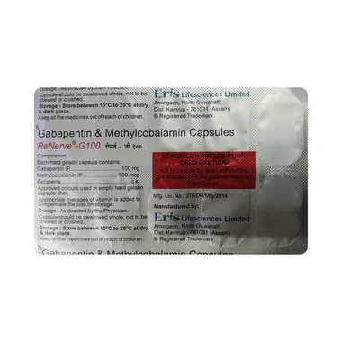 renerve-g 100mg/500mcg capsule Allopathy (Gabapentin (100mg)) - Uses in Hindi, Side Effects, Substitutes & Price in India