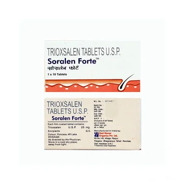 soralen forte 25mg tablet Allopathy (Trioxasalen (25mg)) - Uses in Hindi, Side Effects, Substitutes & Price in India
