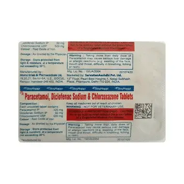 stayhappi chlorzoxazone+diclofenac+paracetamol 500mg/50mg/325mg tablet Allopathy (Chlorzoxazone (500mg)) - Uses in Hindi, Side Effects, Substitutes & Price in India