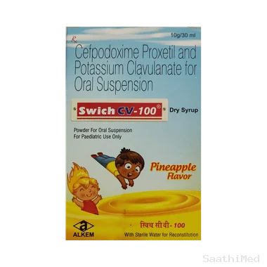 swich cv 100 dry syrup pineapple Allopathy (Cefpodoxime Proxetil (100mg)) - Uses in Hindi, Side Effects, Substitutes & Price in India