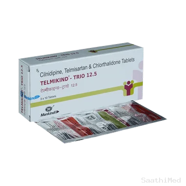 telmikind trio 40mg/10mg/12.5mg tablet Allopathy (Telmisartan (40mg)) - Uses in Hindi, Side Effects, Substitutes & Price in India
