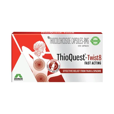 thioquest-twist 8 fast acting capsule Allopathy (Thiocolchicoside (8mg)) - Uses in Hindi, Side Effects, Substitutes & Price in India