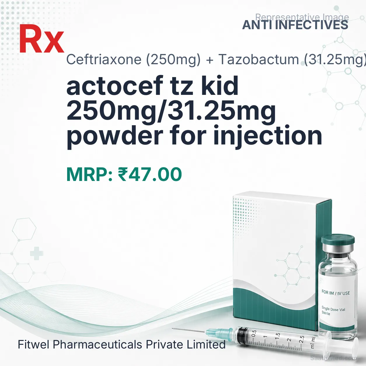 actocef tz kid 250mg/31.25mg powder for injection Allopathy (Ceftriaxone (250mg)) - Uses in Hindi, Side Effects, Substitutes & Price in India