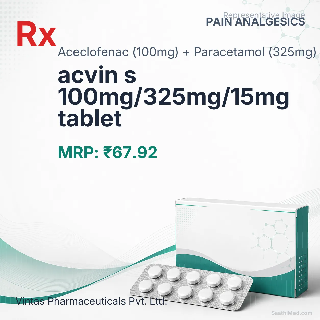 acvin s 100mg/325mg/15mg tablet Allopathy (Aceclofenac (100mg)) - Uses in Hindi, Side Effects, Substitutes & Price in India