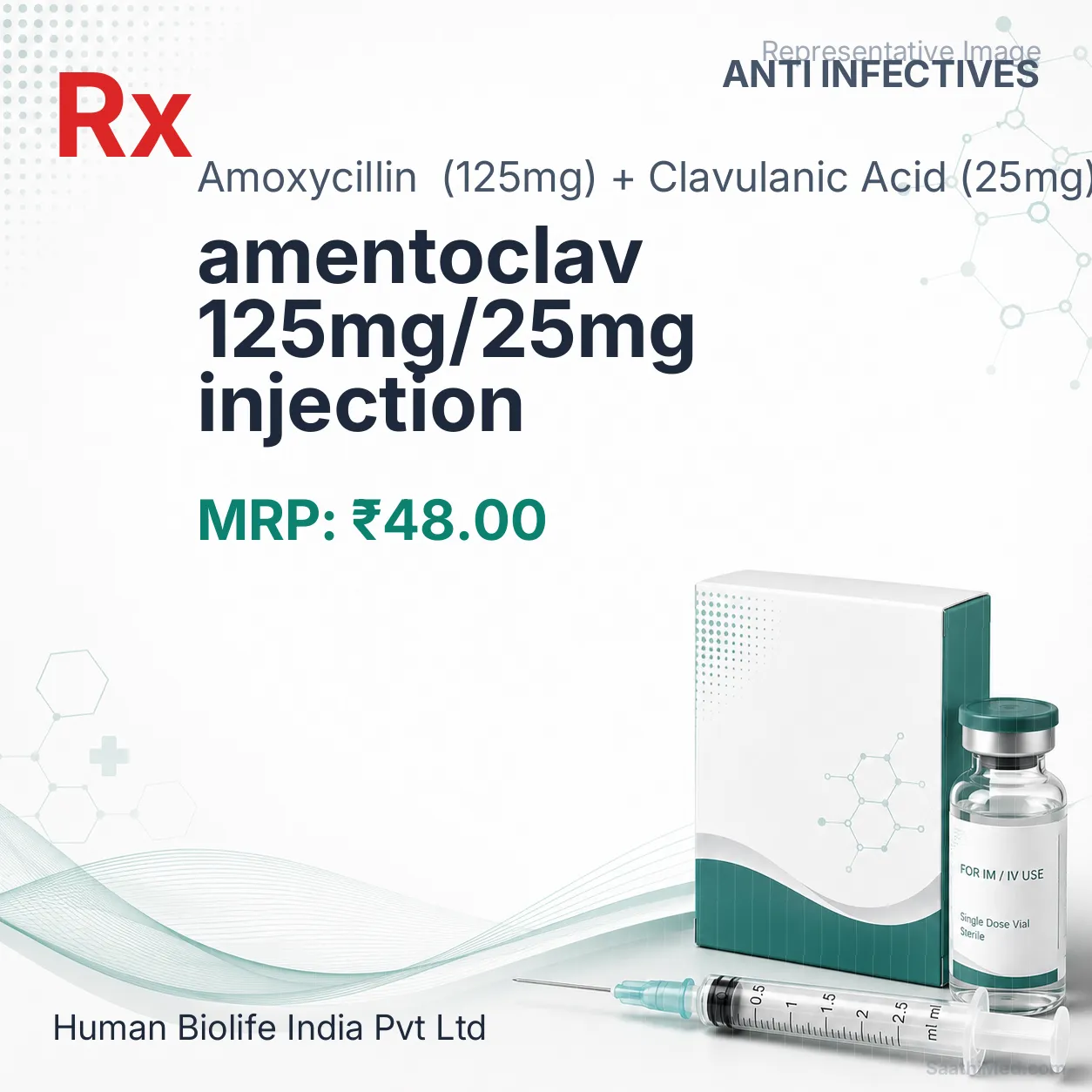 amentoclav 125mg/25mg injection Allopathy (Amoxycillin (125mg)) - Uses in Hindi, Side Effects, Substitutes & Price in India