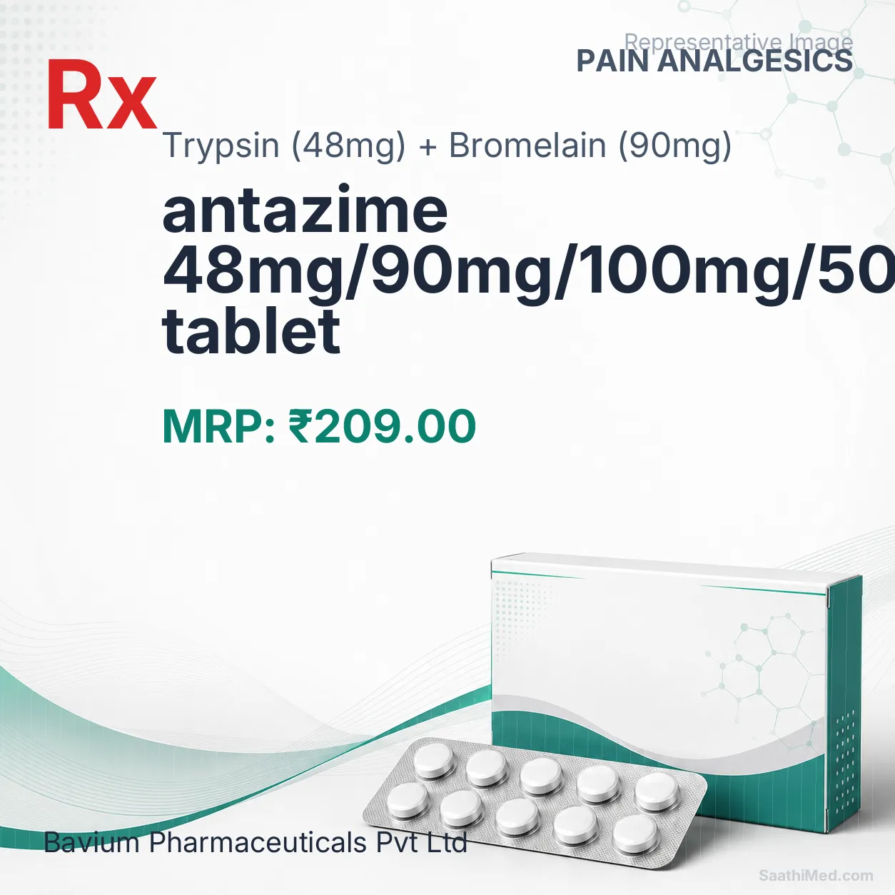 antazime 48mg/90mg/100mg/50mg tablet Allopathy (Trypsin (48mg)) - Uses in Hindi, Side Effects, Substitutes & Price in India