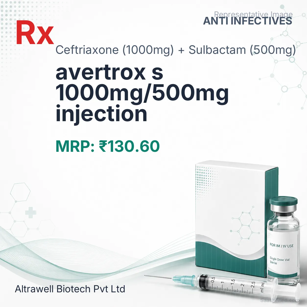 avertrox s 1000mg/500mg injection Allopathy (Ceftriaxone (1000mg)) - Uses in Hindi, Side Effects, Substitutes & Price in India