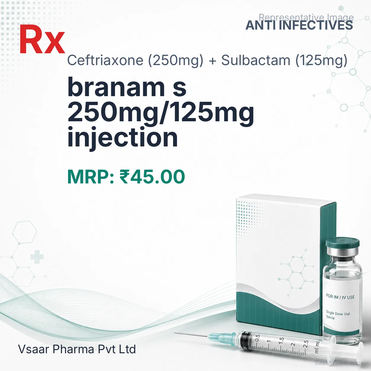 branam s 250mg/125mg injection Allopathy (Ceftriaxone (250mg)) - Uses in Hindi, Side Effects, Substitutes & Price in India