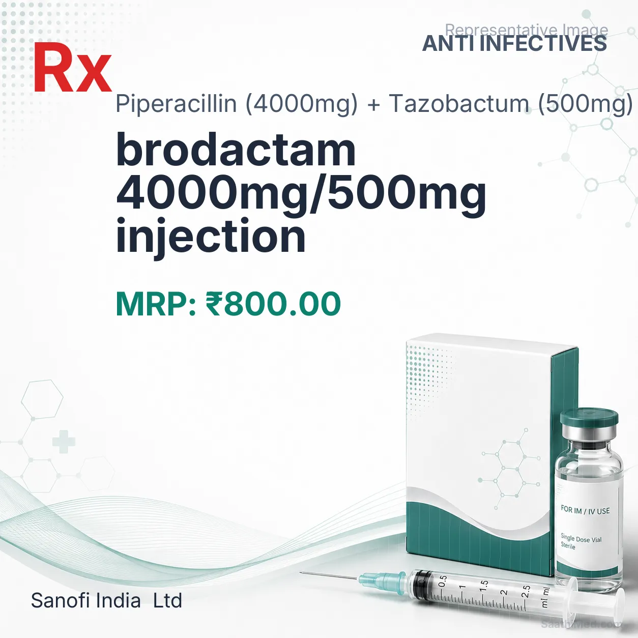 brodactam 4000mg/500mg injection Allopathy (Piperacillin (4000mg)) - Uses in Hindi, Side Effects, Substitutes & Price in India
