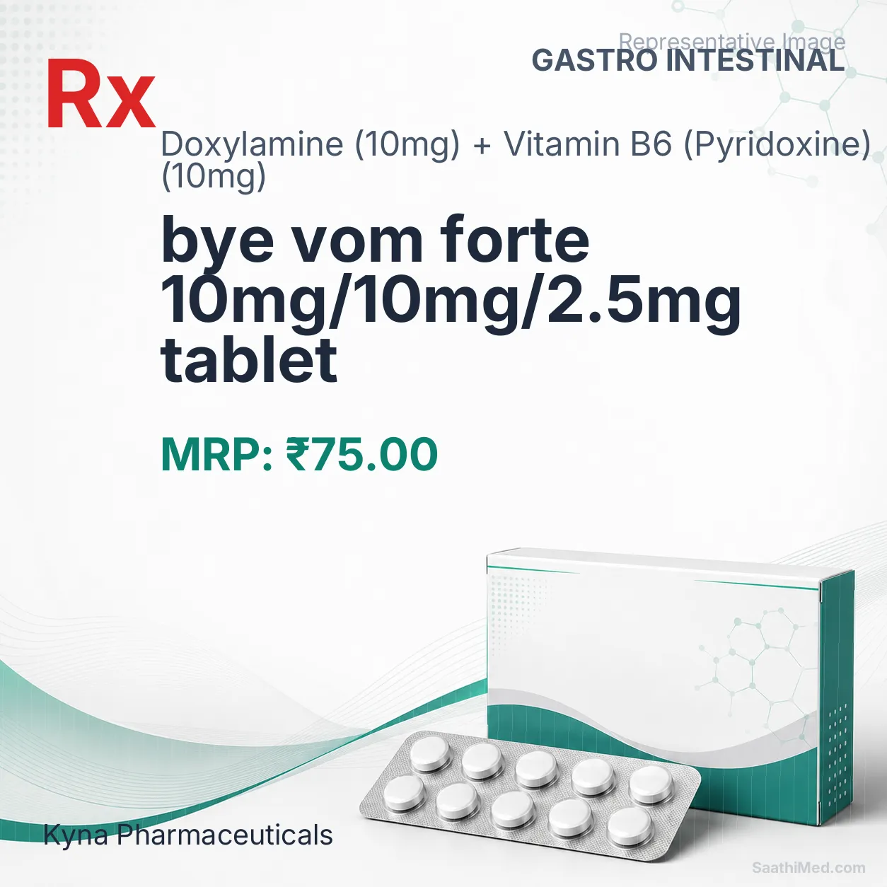 bye vom forte 10mg/10mg/2.5mg tablet Allopathy (Doxylamine (10mg)) - Uses in Hindi, Side Effects, Substitutes & Price in India