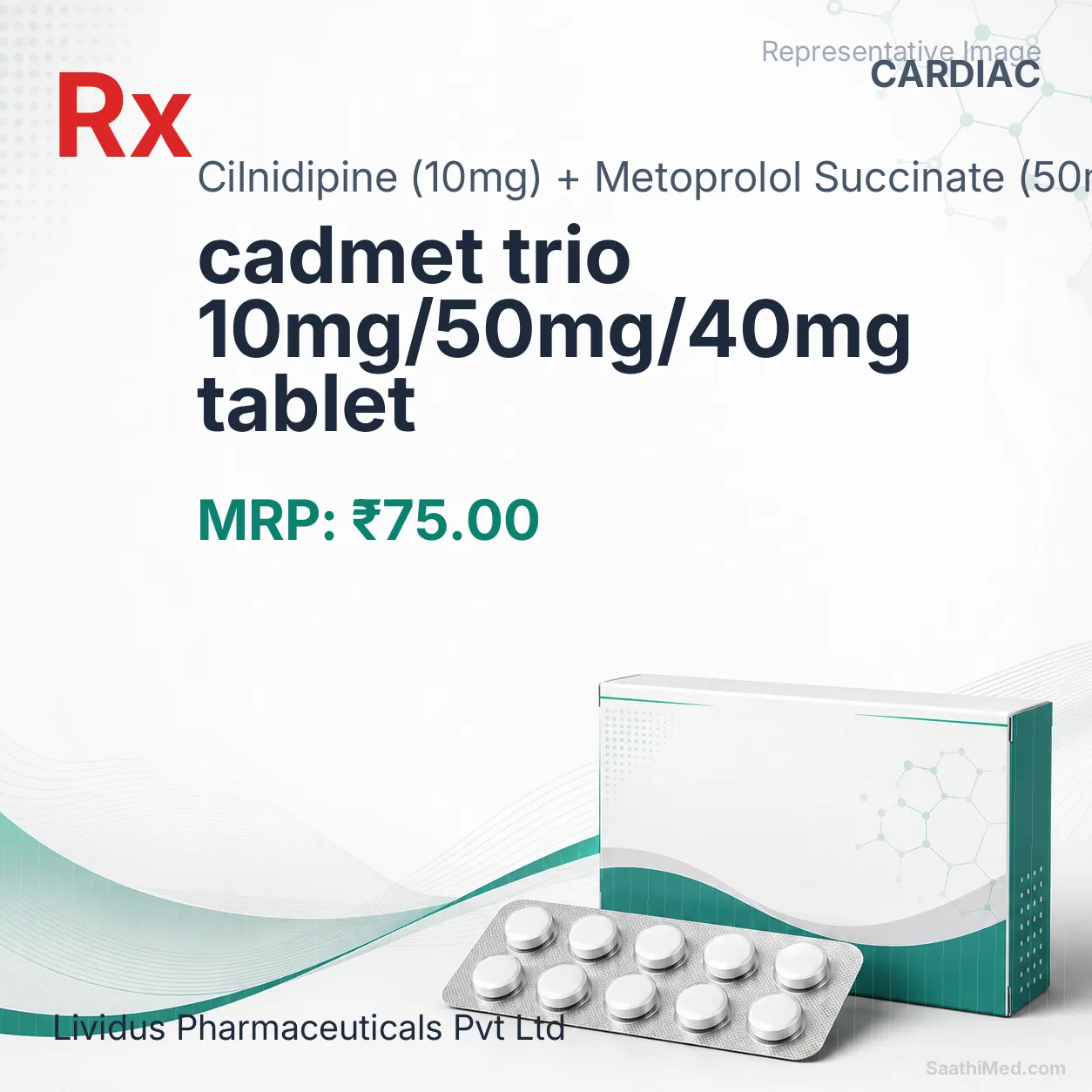 cadmet trio 10mg/50mg/40mg tablet Allopathy (Cilnidipine (10mg)) - Uses in Hindi, Side Effects, Substitutes & Price in India