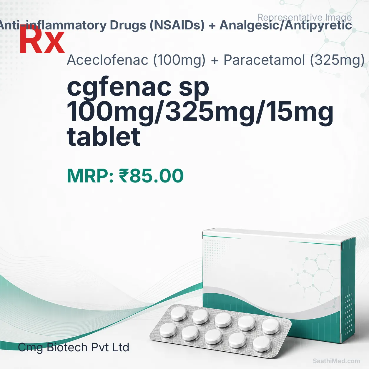 cgfenac sp 100mg/325mg/15mg tablet Allopathy (Aceclofenac (100mg)) - Uses in Hindi, Side Effects, Substitutes & Price in India