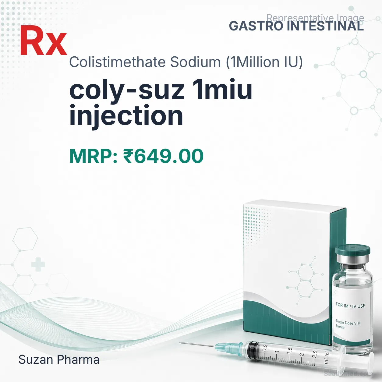 coly-suz 1miu injection Allopathy (Colistimethate Sodium (1Million IU)) - Uses in Hindi, Side Effects, Substitutes & Price in India