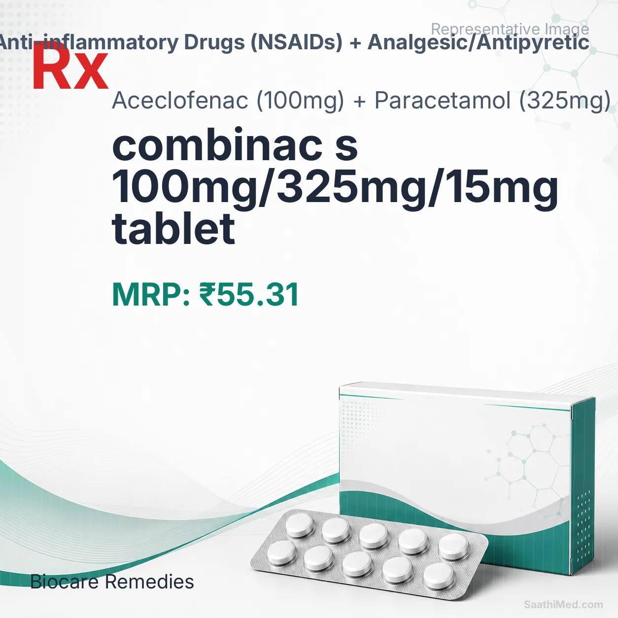 combinac s 100mg/325mg/15mg tablet Allopathy (Aceclofenac (100mg)) - Uses in Hindi, Side Effects, Substitutes & Price in India