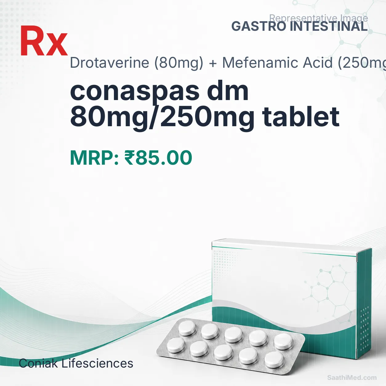 conaspas dm 80mg/250mg tablet Allopathy (Drotaverine (80mg)) - Uses in Hindi, Side Effects, Substitutes & Price in India