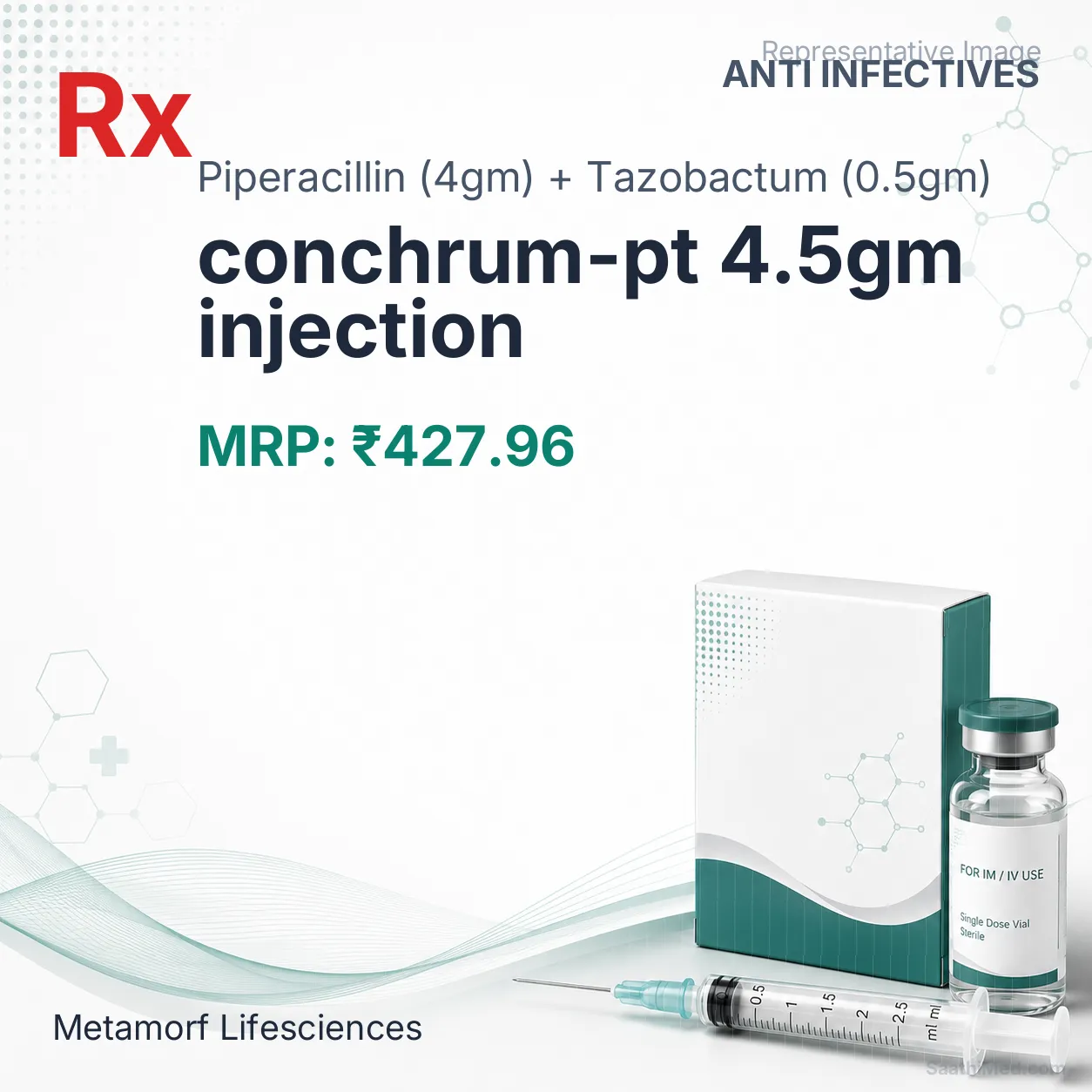 conchrum-pt 4.5gm injection Allopathy (Piperacillin (4gm)) - Uses in Hindi, Side Effects, Substitutes & Price in India