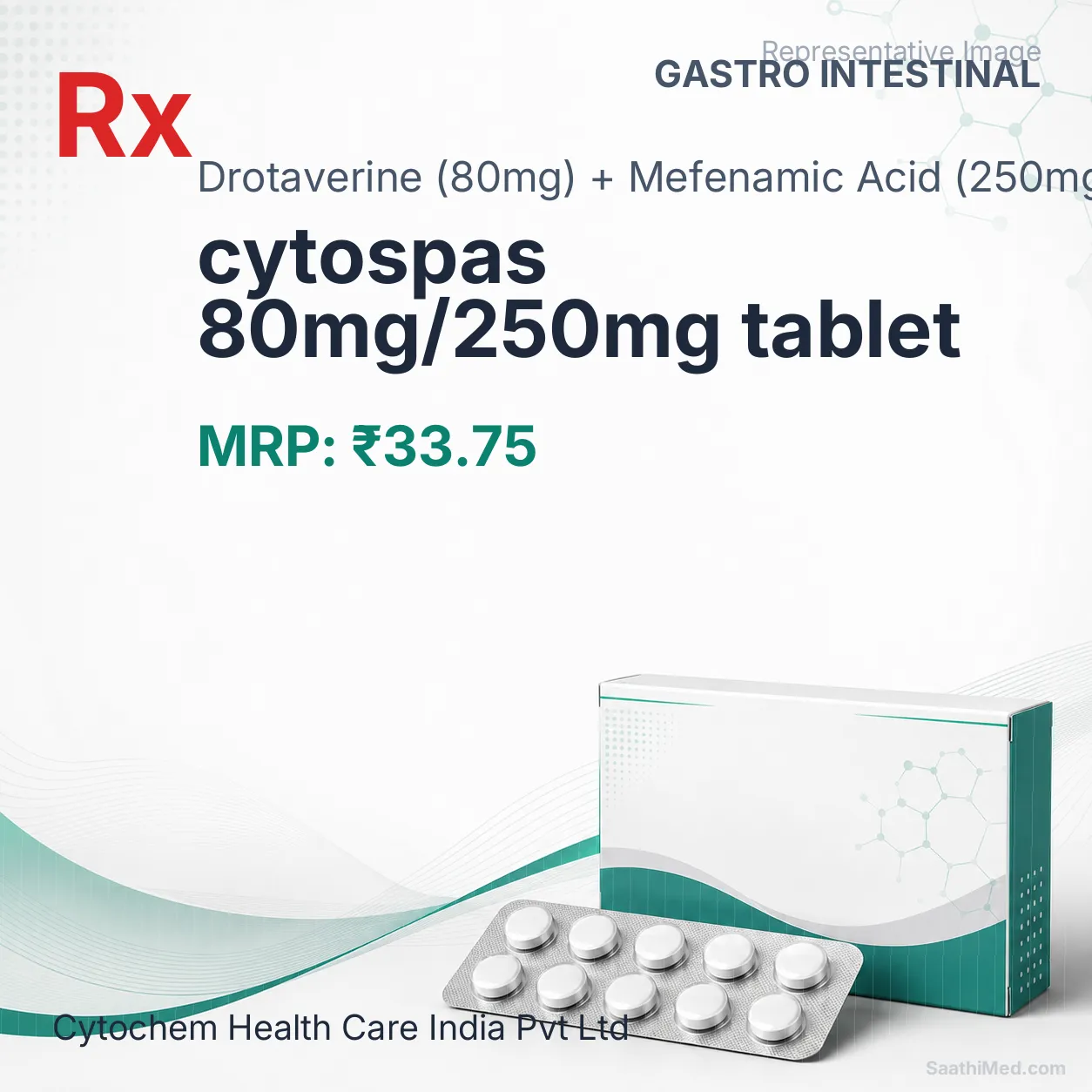 cytospas 80mg/250mg tablet Allopathy (Drotaverine (80mg)) - Uses in Hindi, Side Effects, Substitutes & Price in India