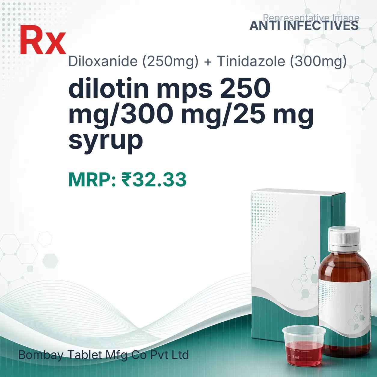 dilotin mps 250 mg/300 mg/25 mg syrup Allopathy (Diloxanide (250mg)) - Uses in Hindi, Side Effects, Substitutes & Price in India