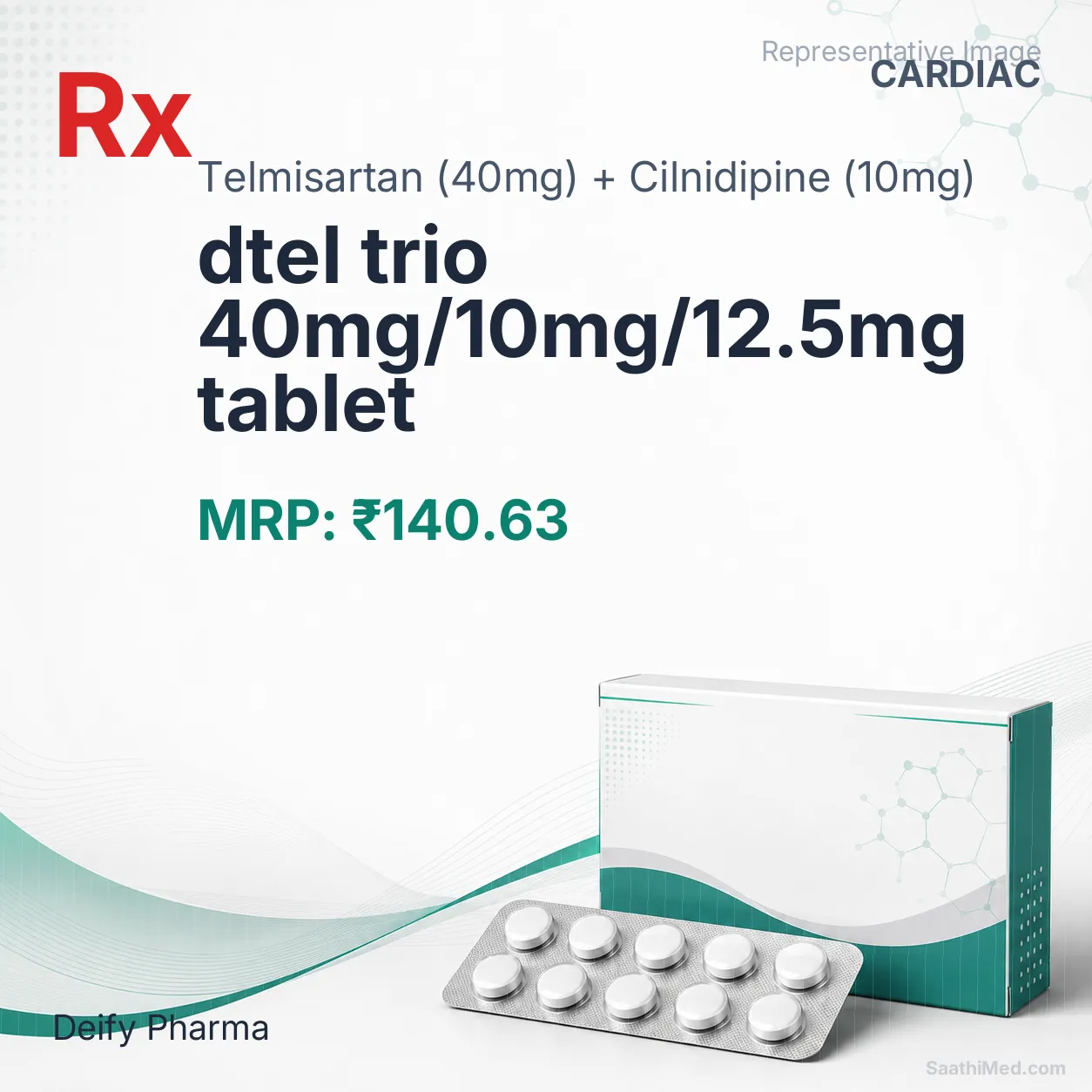 dtel trio 40mg/10mg/12.5mg tablet Allopathy (Telmisartan (40mg)) - Uses in Hindi, Side Effects, Substitutes & Price in India