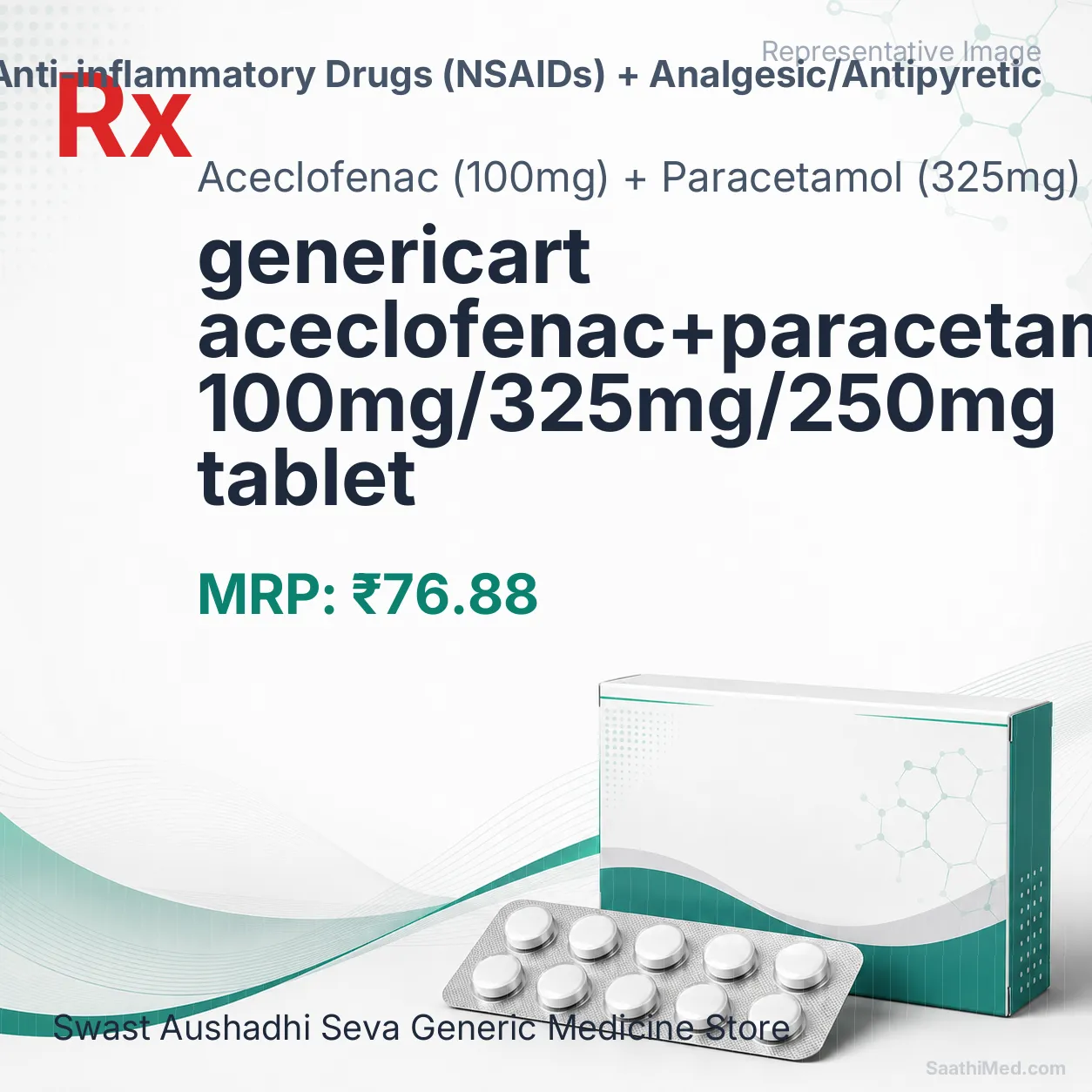 genericart aceclofenac+paracetamol+chlorzoxazone 100mg/325mg/250mg tablet Allopathy (Aceclofenac (100mg)) - Uses in Hindi, Side Effects, Substitutes & Price in India