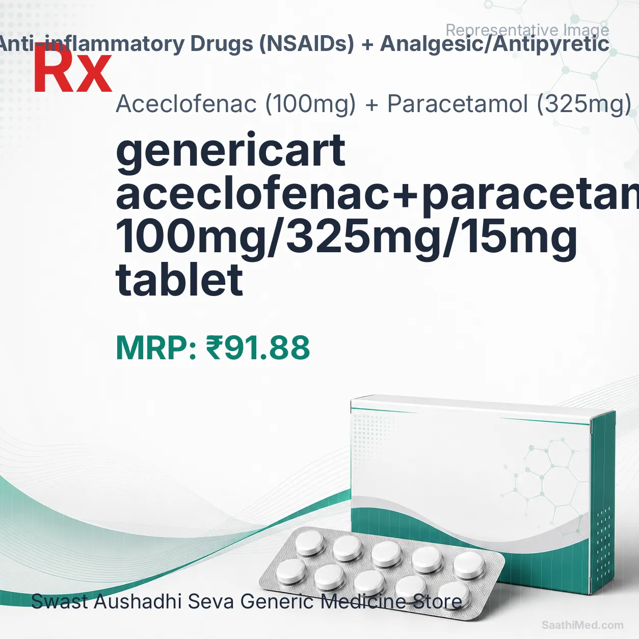 genericart aceclofenac+paracetamol+serratiopeptidase 100mg/325mg/15mg tablet Allopathy (Aceclofenac (100mg)) - Uses in Hindi, Side Effects, Substitutes & Price in India
