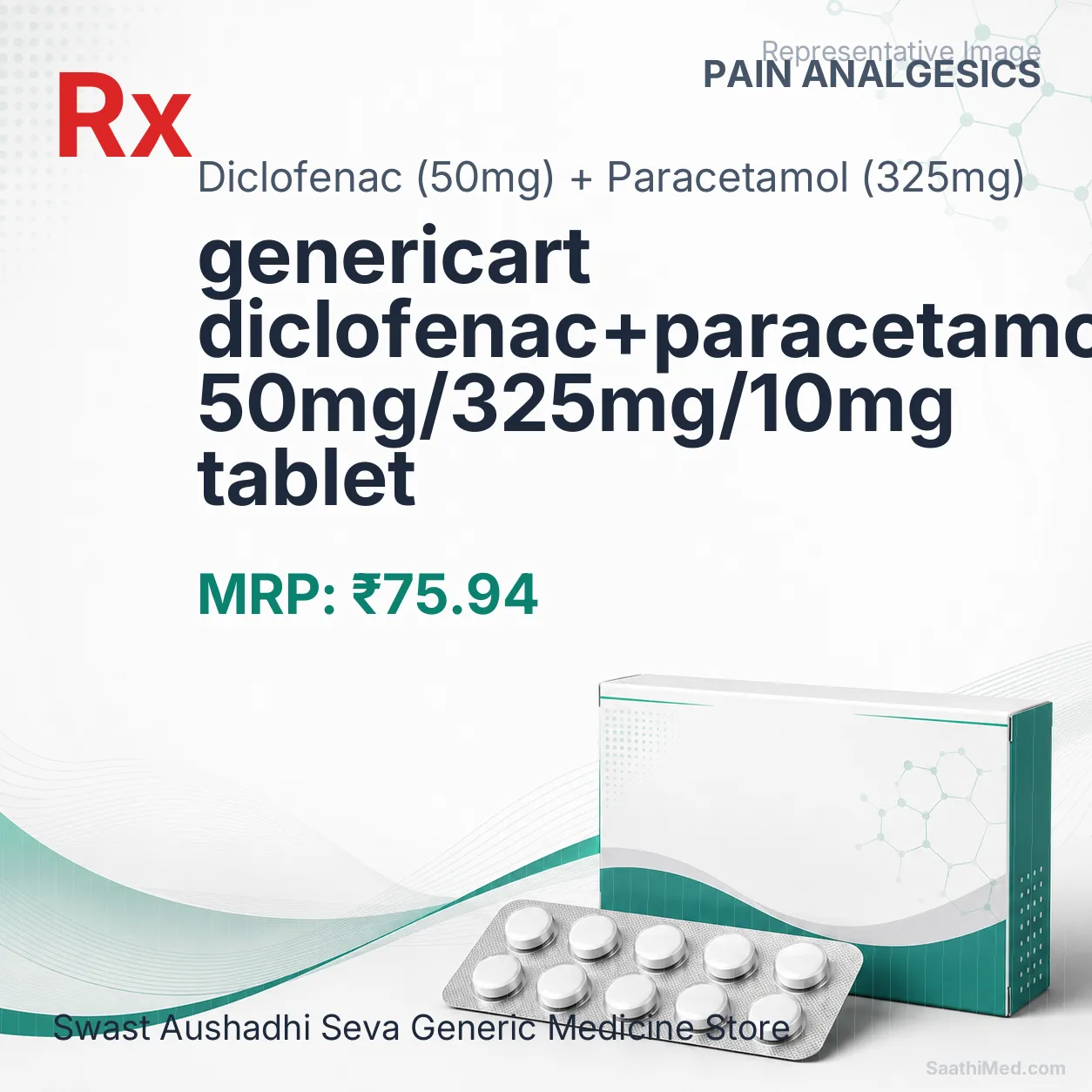 genericart diclofenac+paracetamol+serratiopeptidase 50mg/325mg/10mg tablet Allopathy (Diclofenac (50mg)) - Uses in Hindi, Side Effects, Substitutes & Price in India