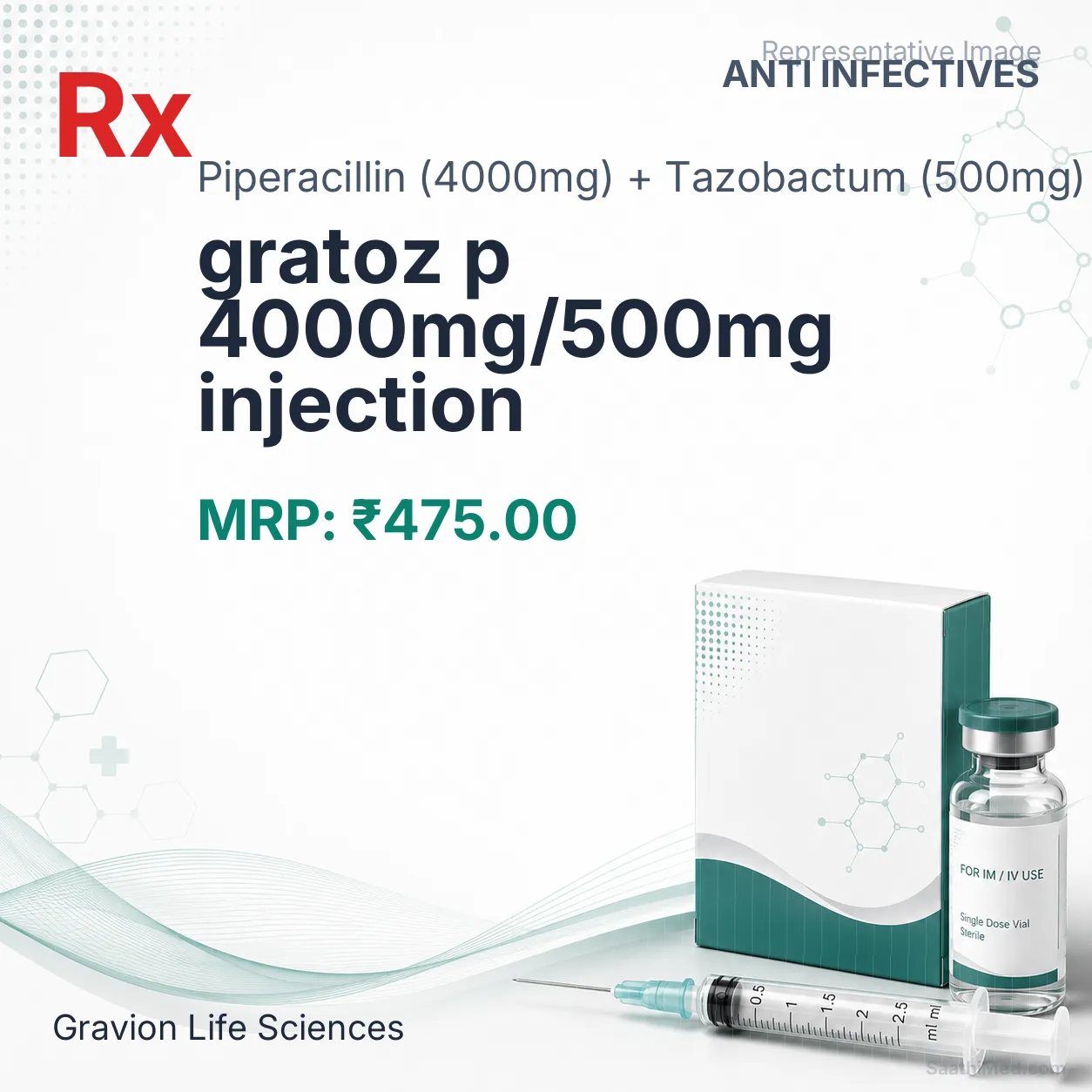 gratoz p 4000mg/500mg injection Allopathy (Piperacillin (4000mg)) - Uses in Hindi, Side Effects, Substitutes & Price in India