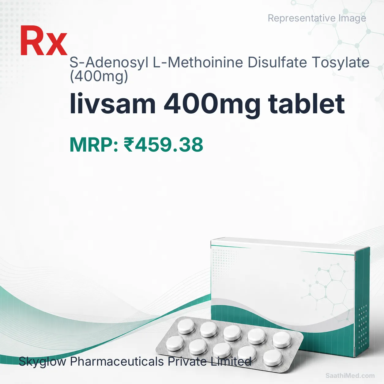 livsam 400mg tablet Allopathy (S-Adenosyl L-Methoinine Disulfate Tosylate (400mg)) - Uses in Hindi, Side Effects, Substitutes & Price in India