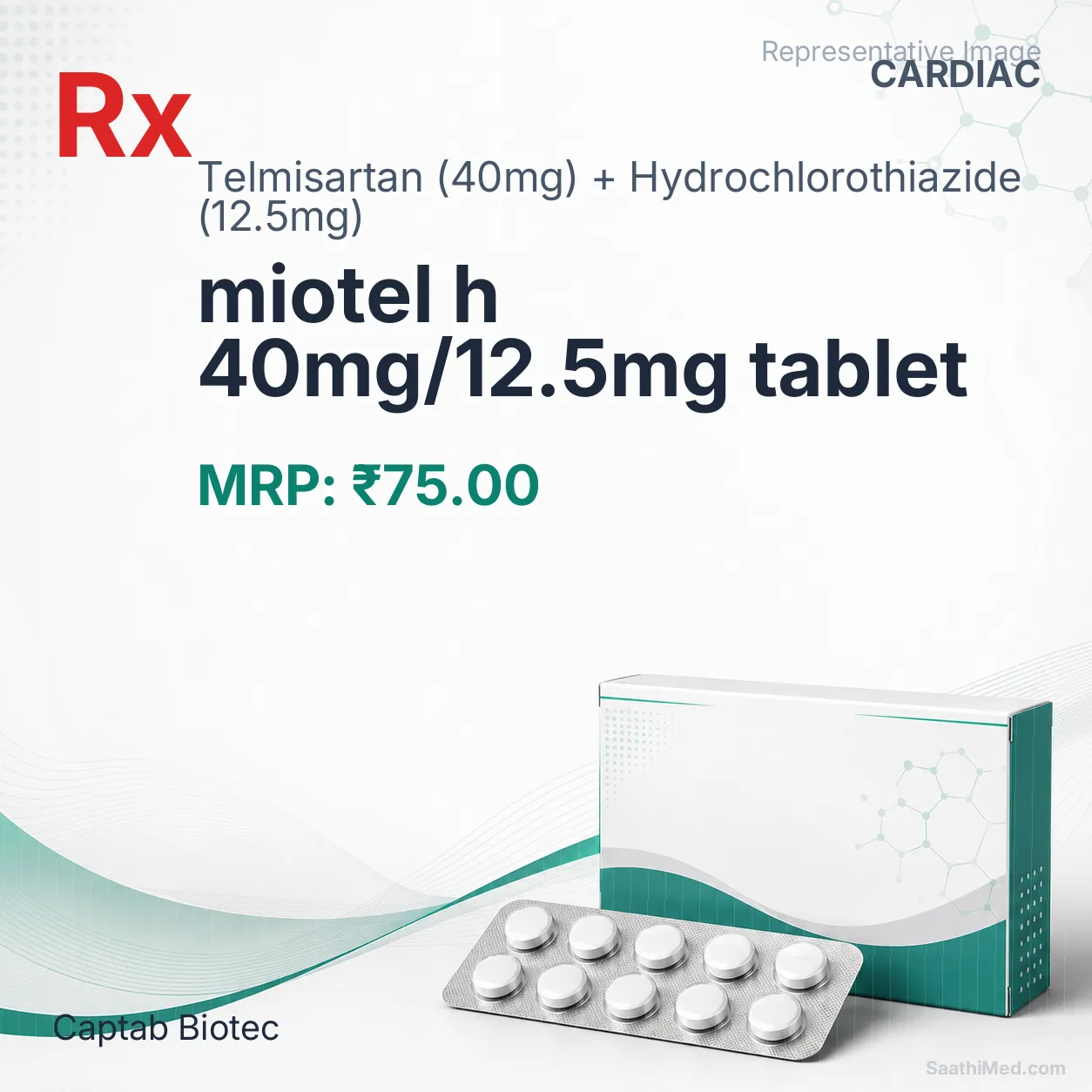 miotel h 40mg/12.5mg tablet Allopathy (Telmisartan (40mg)) - Uses in Hindi, Side Effects, Substitutes & Price in India