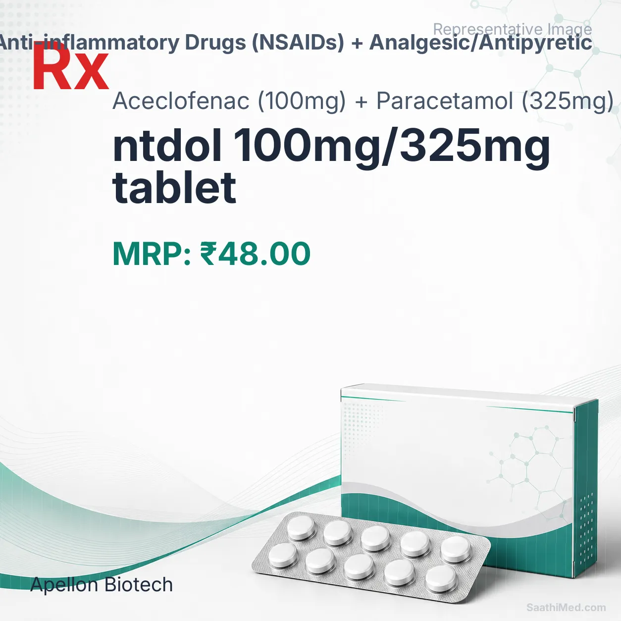 ntdol 100mg/325mg tablet Allopathy (Aceclofenac (100mg)) - Uses in Hindi, Side Effects, Substitutes & Price in India