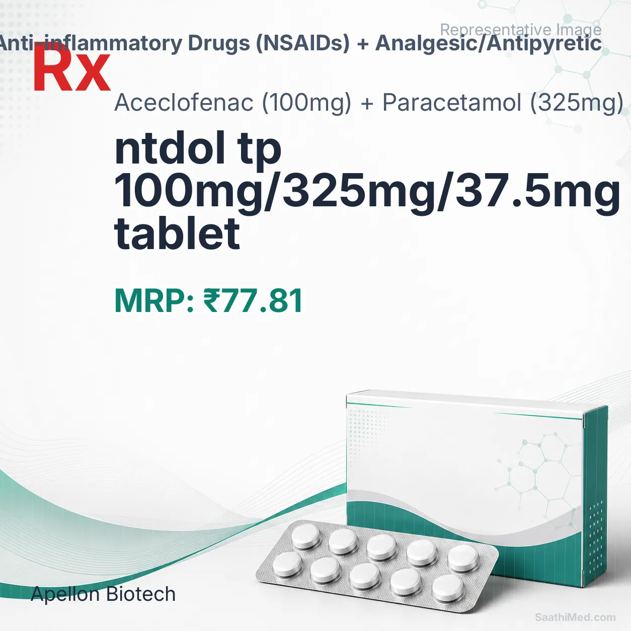 ntdol tp 100mg/325mg/37.5mg tablet Allopathy (Aceclofenac (100mg)) - Uses in Hindi, Side Effects, Substitutes & Price in India
