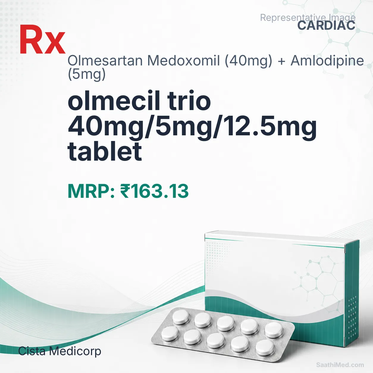 olmecil trio 40mg/5mg/12.5mg tablet Allopathy (Olmesartan Medoxomil (40mg)) - Uses in Hindi, Side Effects, Substitutes & Price in India