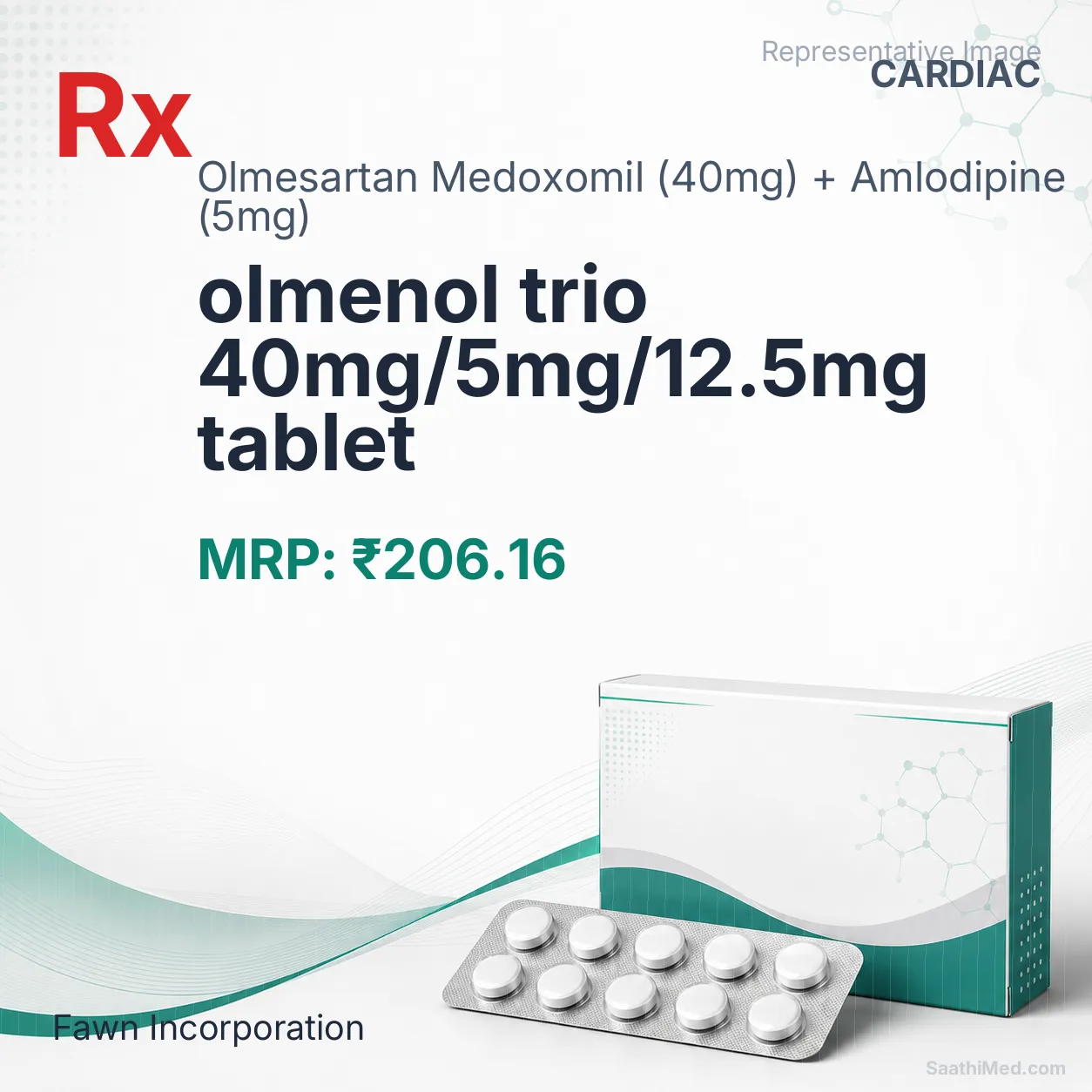 olmenol trio 40mg/5mg/12.5mg tablet Allopathy (Olmesartan Medoxomil (40mg)) - Uses in Hindi, Side Effects, Substitutes & Price in India