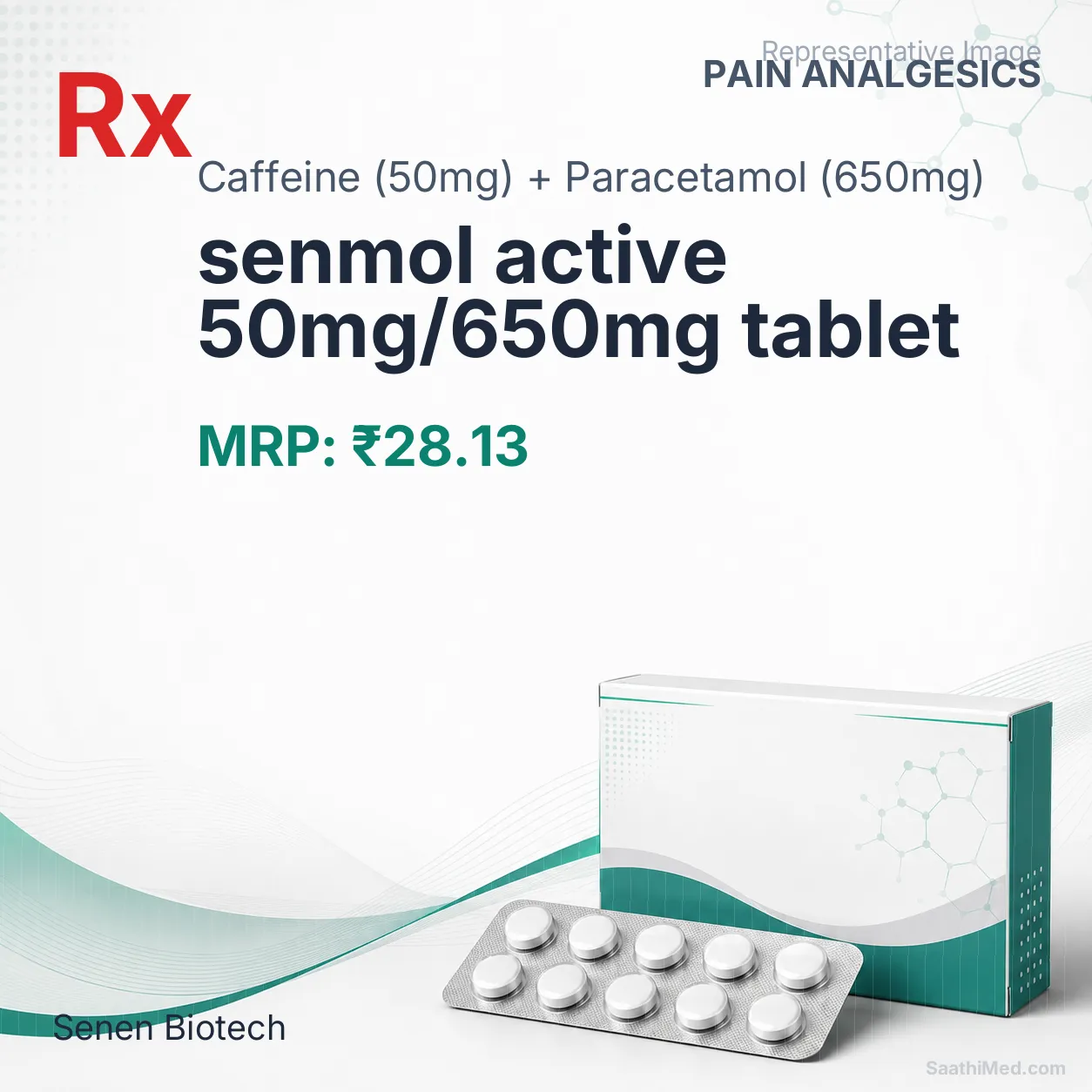 senmol active 50mg/650mg tablet Allopathy (Caffeine (50mg)) - Uses in Hindi, Side Effects, Substitutes & Price in India