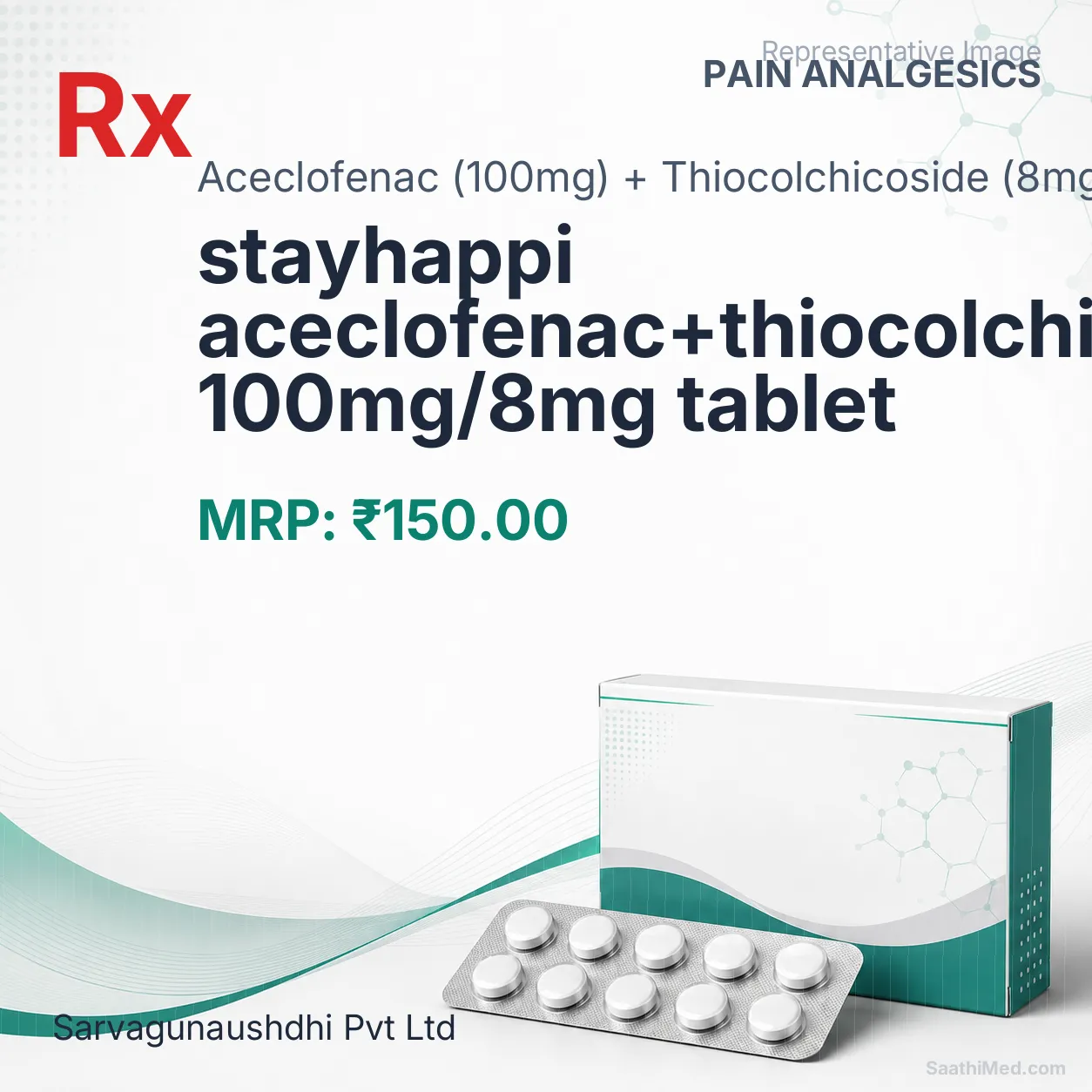 stayhappi aceclofenac+thiocolchicoside 100mg/8mg tablet Allopathy (Aceclofenac (100mg)) - Uses in Hindi, Side Effects, Substitutes & Price in India