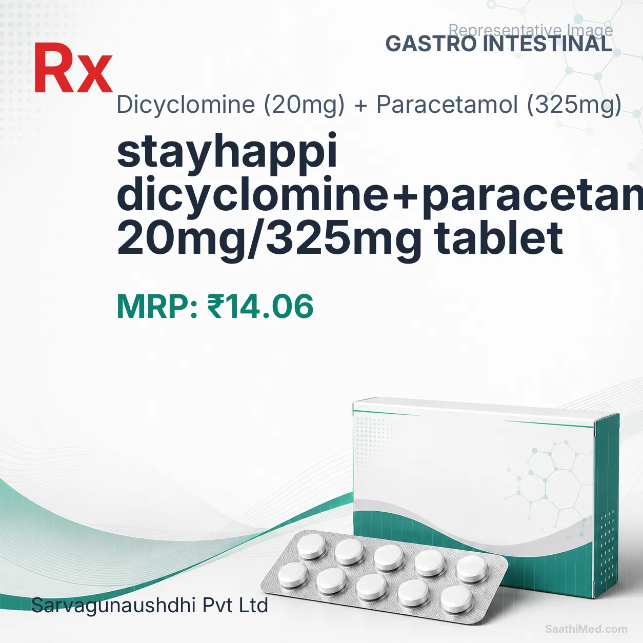stayhappi dicyclomine+paracetamol 20mg/325mg tablet Allopathy (Dicyclomine (20mg)) - Uses in Hindi, Side Effects, Substitutes & Price in India